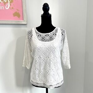 Ruby Rd Women's White 3/4 Sleeve Lace Top
